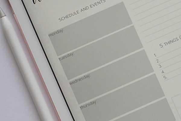 Weekly planner page with schedule and events section for Monday through Saturday