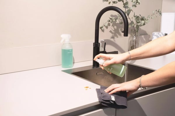 Person cleaning kitchen sink with spray bottle and cloth, black faucet and eucalyptus in vase visible