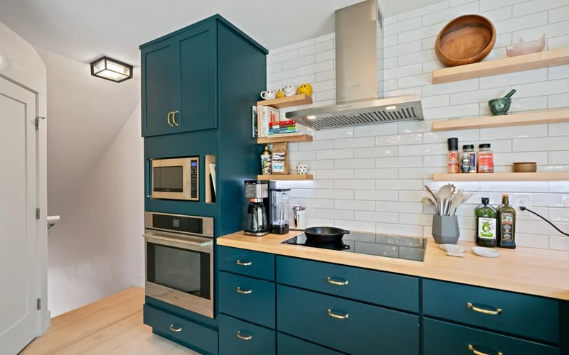 Modern kitchen with teal cabinetry near Gallagator Trail and MSU in Bozeman, MT